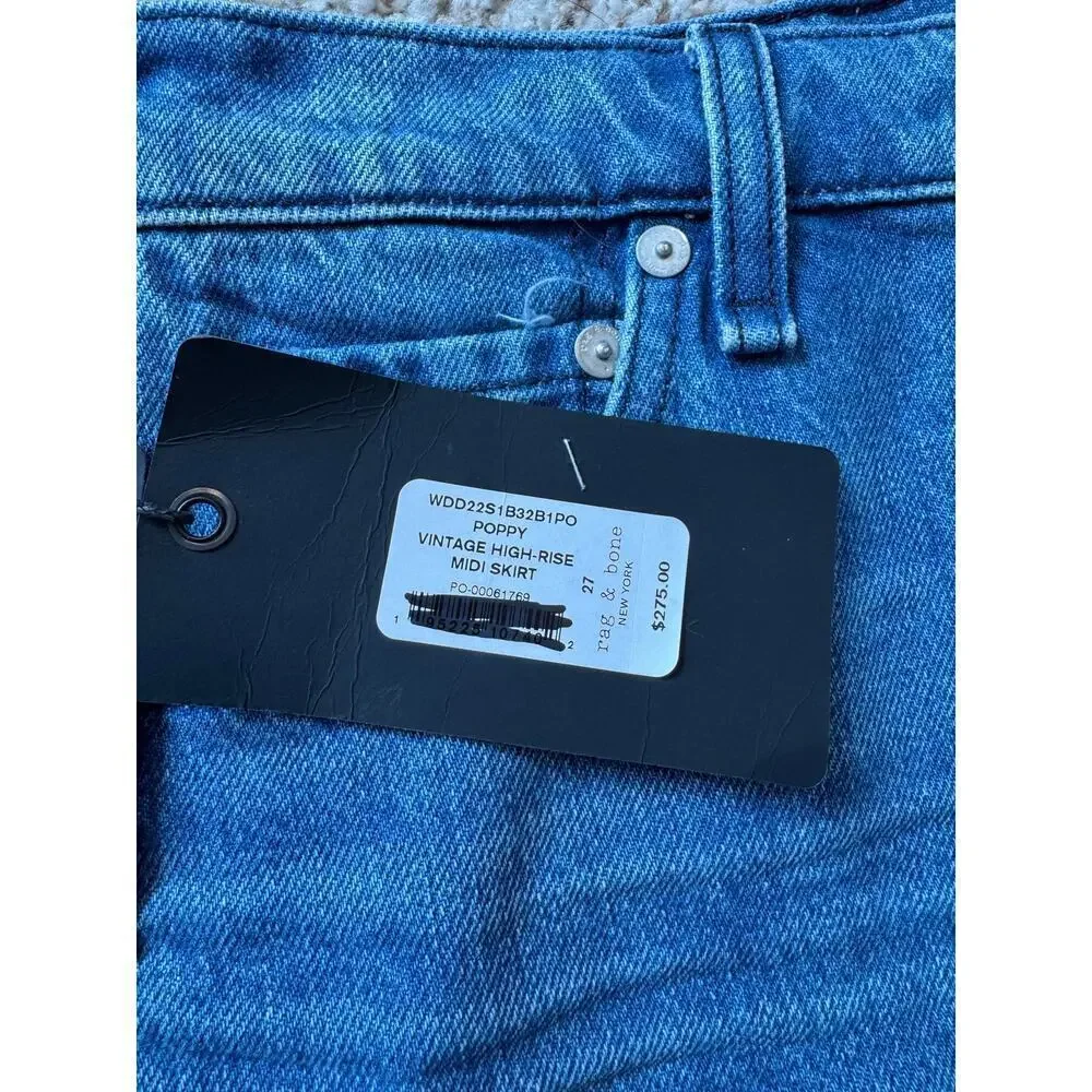 NWT - RAG & BONE Blue Denim Skirt, size 27; Button Fly; POPPY; Vintage High rise